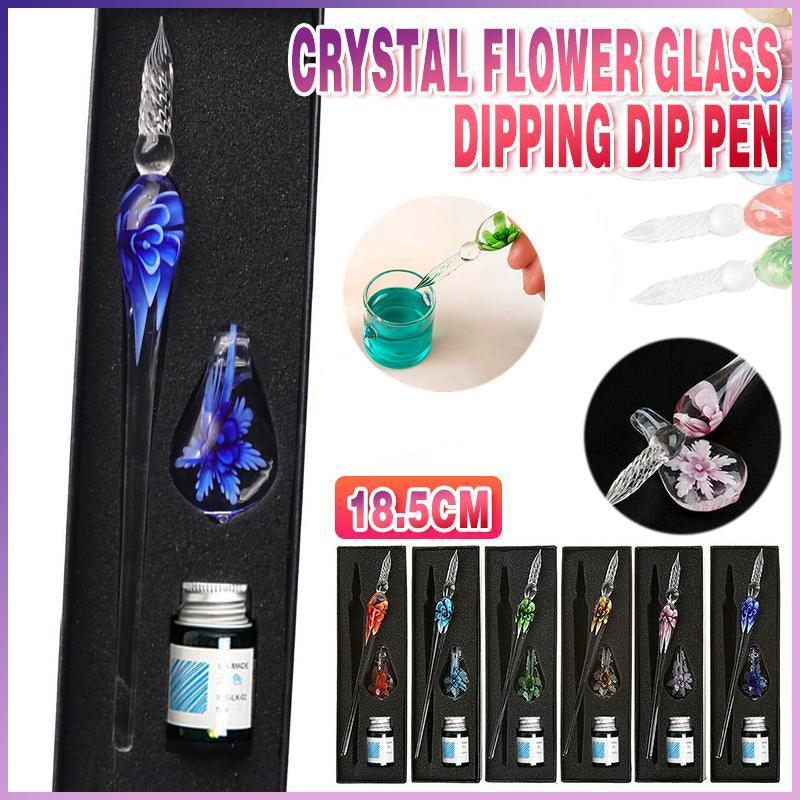 Crystal Flower Glass Dipping Dip Pen Writing Set Gift Pack Fountain Calligraphy - Yellow - Image 1