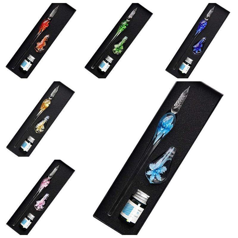 Crystal Flower Glass Dipping Dip Pen Writing Set Gift Pack Fountain Calligraphy - Yellow - Image 2