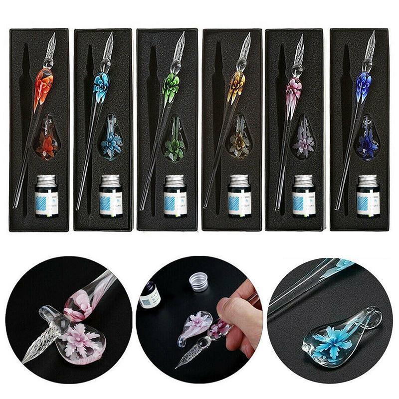 Crystal Flower Glass Dipping Dip Pen Writing Set Gift Pack Fountain Calligraphy - Yellow - Image 4