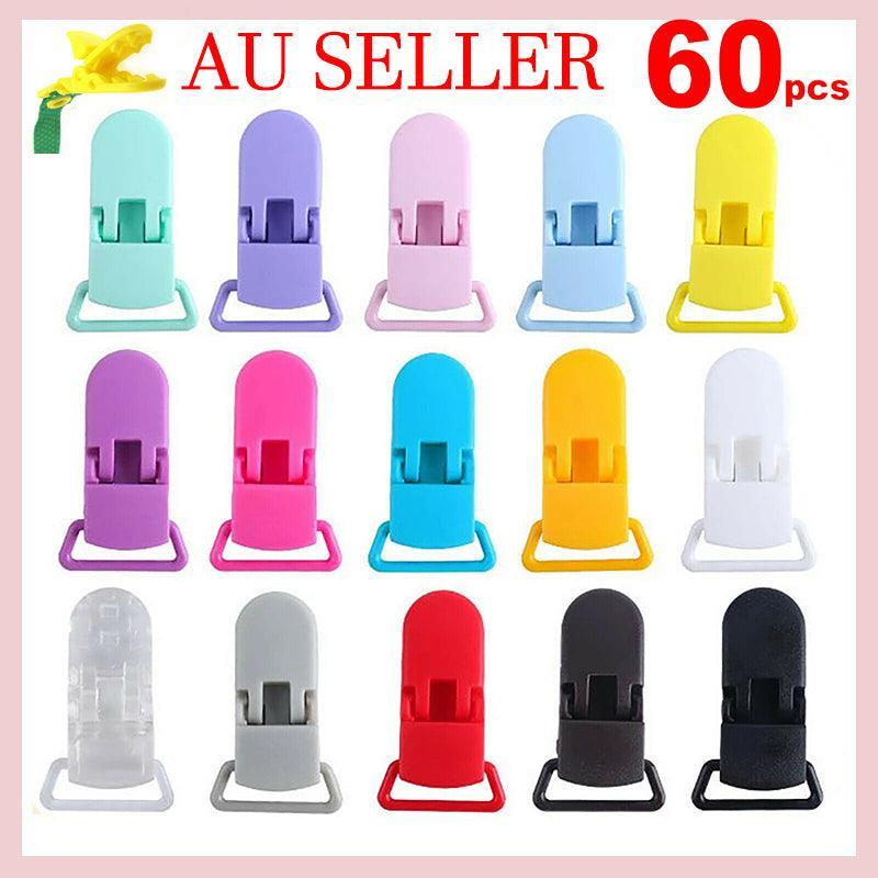 60 Random Colored Plastic Pacifier Dummy Clip Suspender Badge Holder for Crafts - Image 1