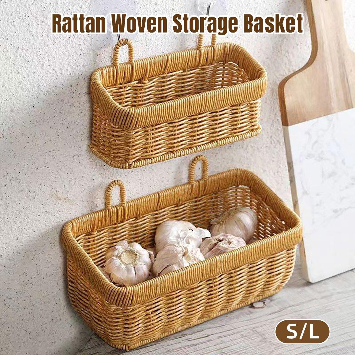 Wall-Mounted Rattan Style Hanging Storage Basket Kitchen Vegetable Fruit Basket - Small - Image 1
