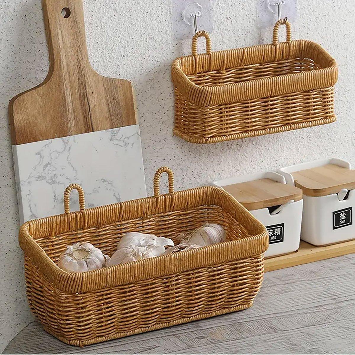 Wall-Mounted Rattan Style Hanging Storage Basket Kitchen Vegetable Fruit Basket - Small - Image 4