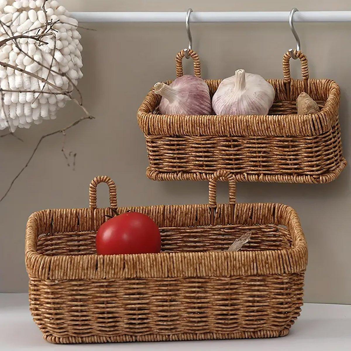 Wall-Mounted Rattan Style Hanging Storage Basket Kitchen Vegetable Fruit Basket - Small - Image 5