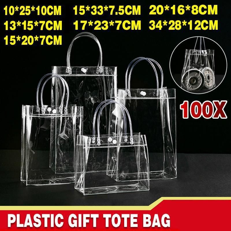 100x PVC Transparent Gift Tote Bag with Snap Button for Packaging - 20*16*8cm - Image 1