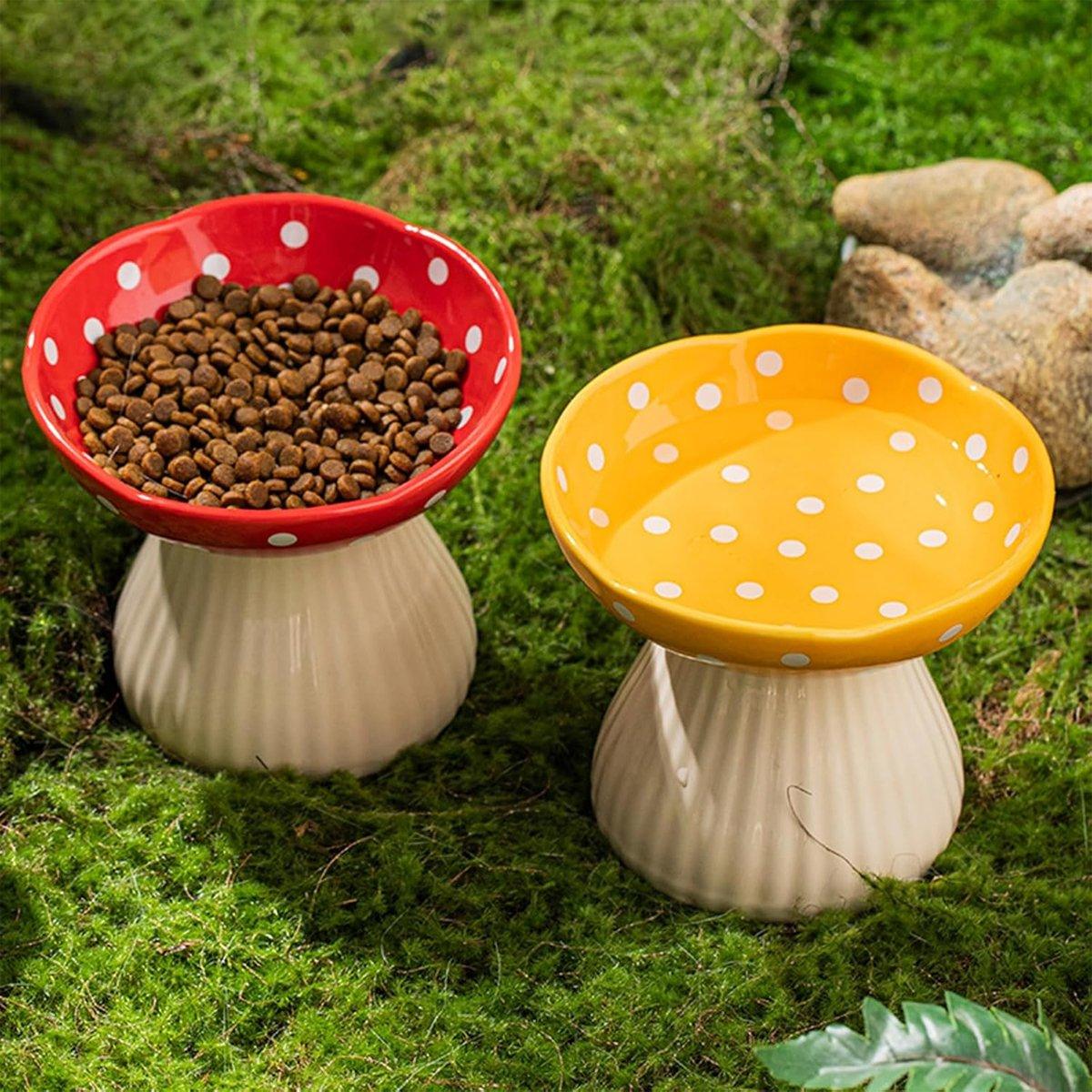 Pet Elevated Mushroom Bowl Ceramic Cat Dog Bowl Dish Food Feeder Raised Cat Bowl - Red - Image 4