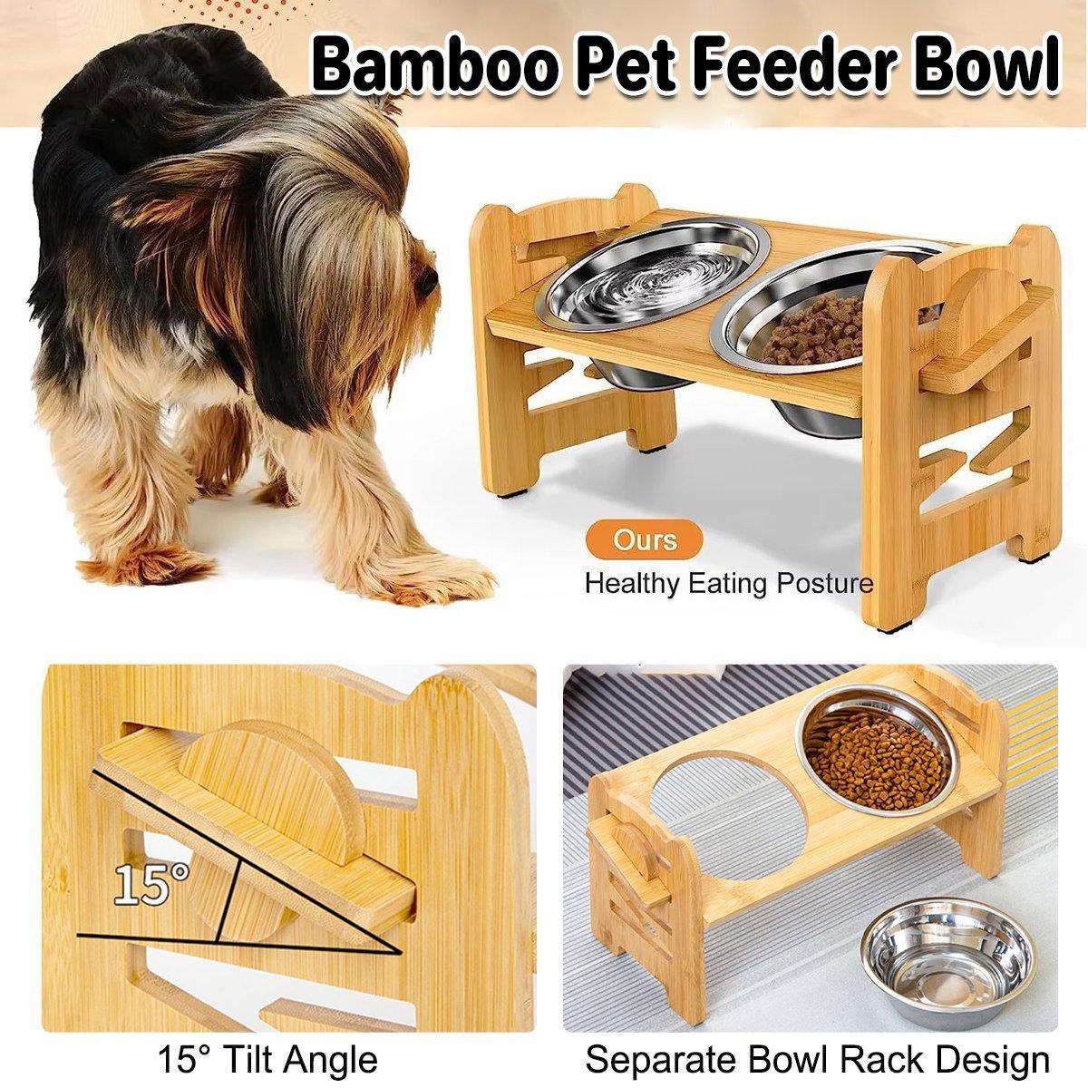 Wood Adjustable Elevated Raised Pet Dog Feeder Stainless Steel Bowl Water Stand - Image 1