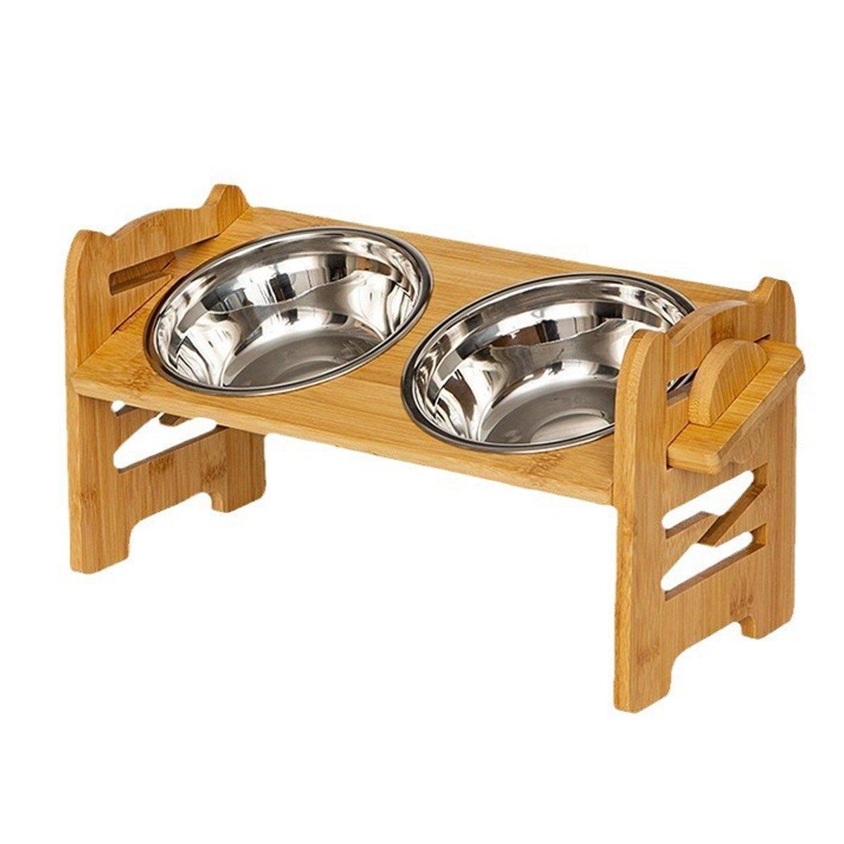 Wood Adjustable Elevated Raised Pet Dog Feeder Stainless Steel Bowl Water Stand - Image 2