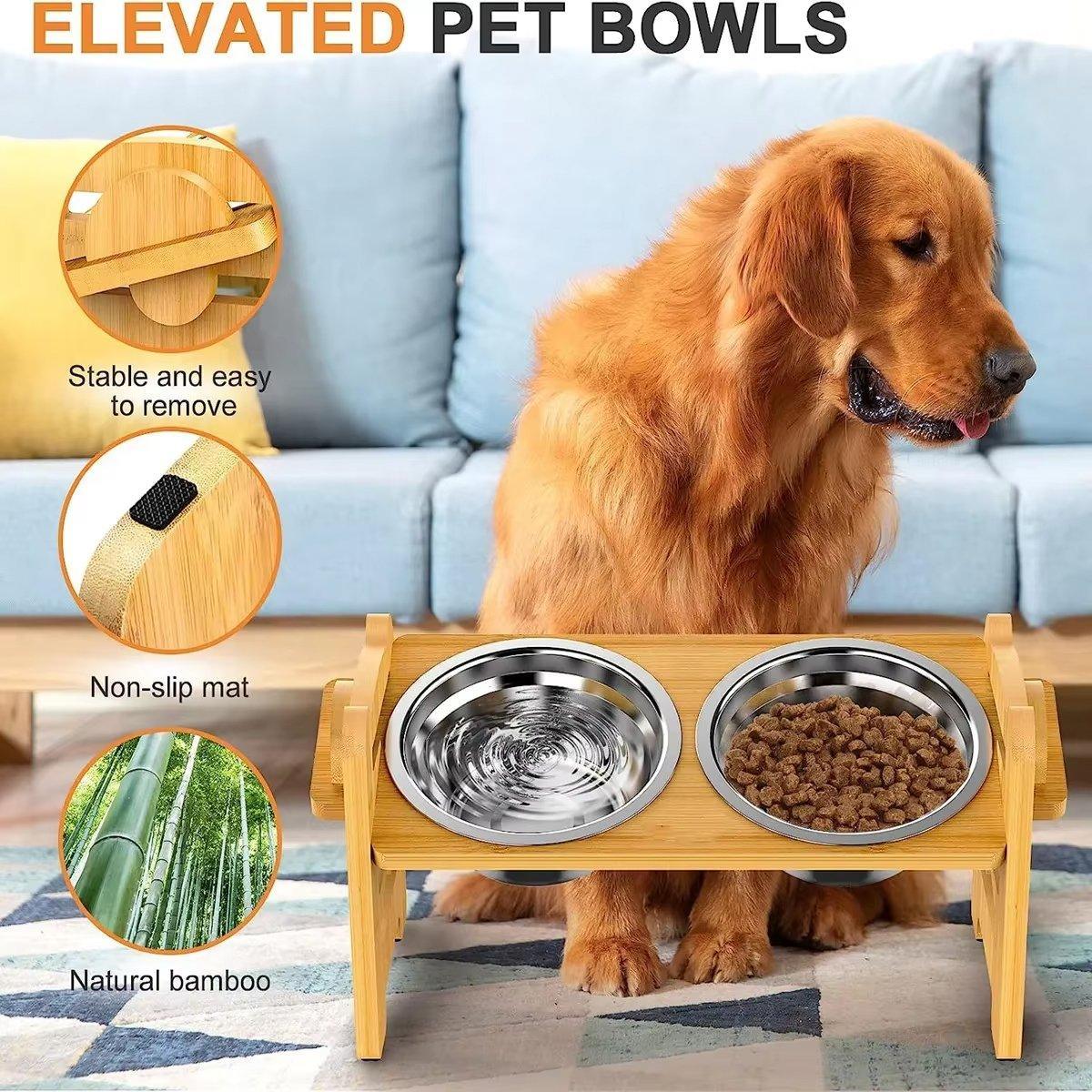 Wood Adjustable Elevated Raised Pet Dog Feeder Stainless Steel Bowl Water Stand - Image 4