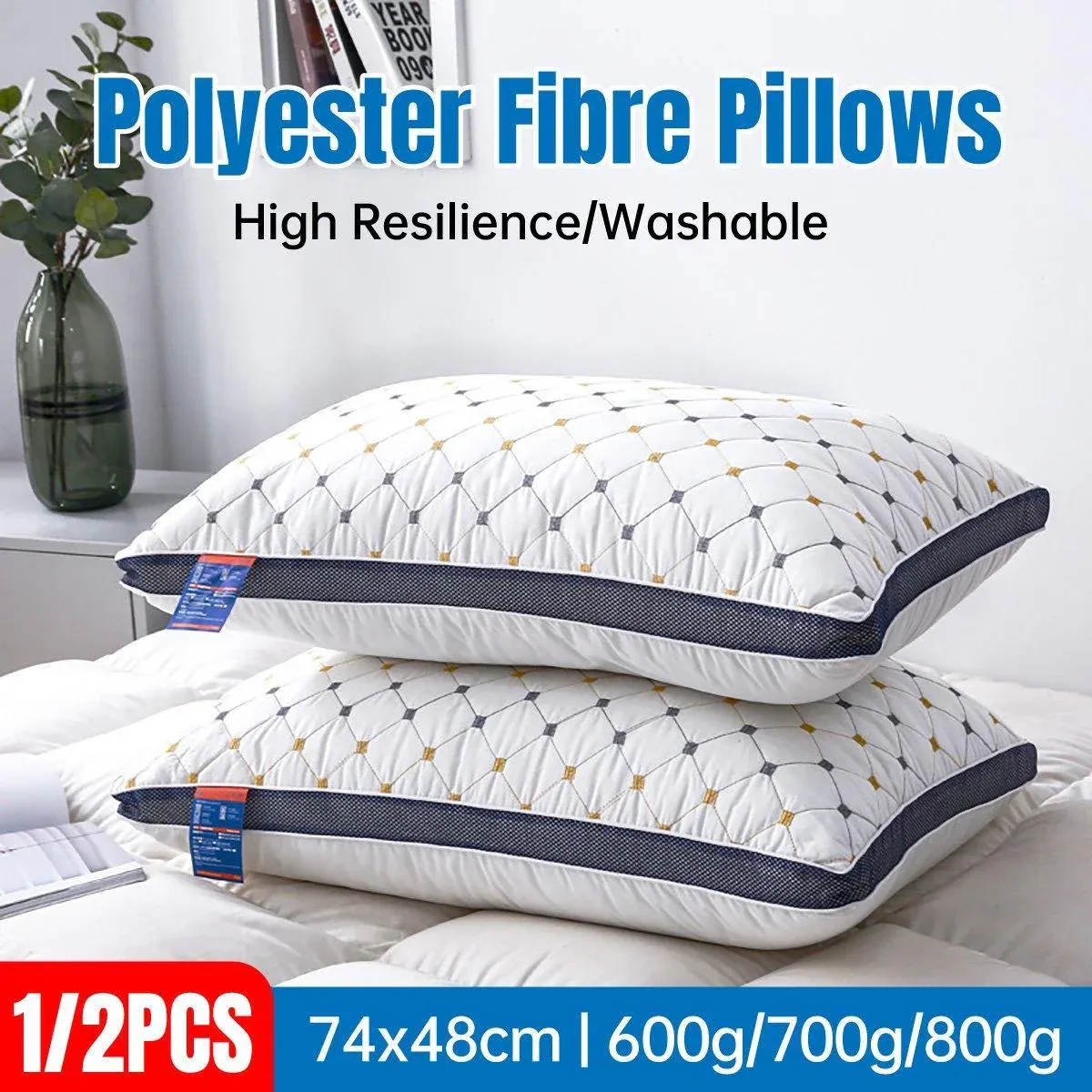 1/2pcs High Rebound Feather Velvet Pillow Washable Soft Bed Cushion Core Support - 700g-2pcs - Image 1