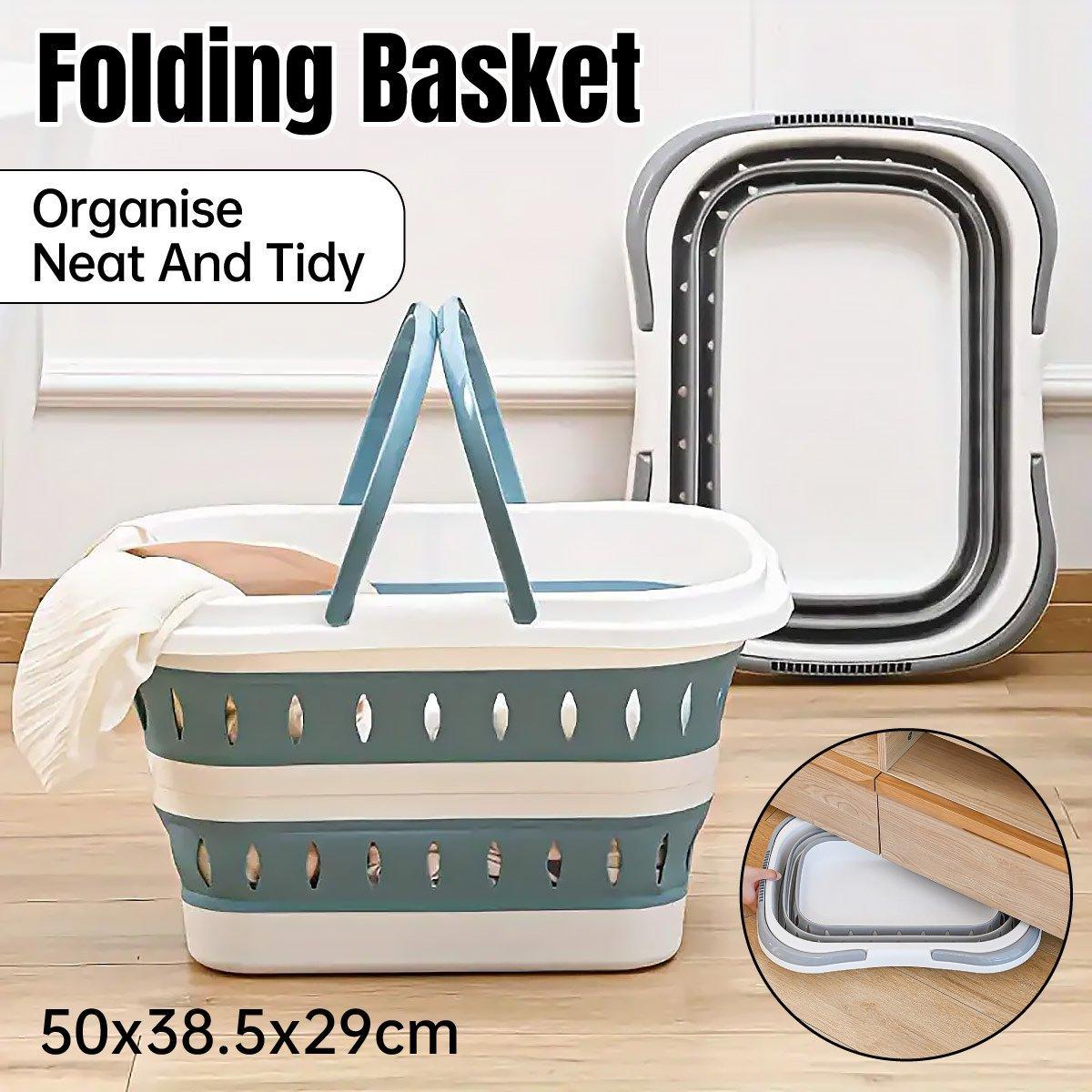 Large Folding Laundry Basket Plastic Dirty Clothes Hamper Blue Bathroom Storage - Blue - Image 1