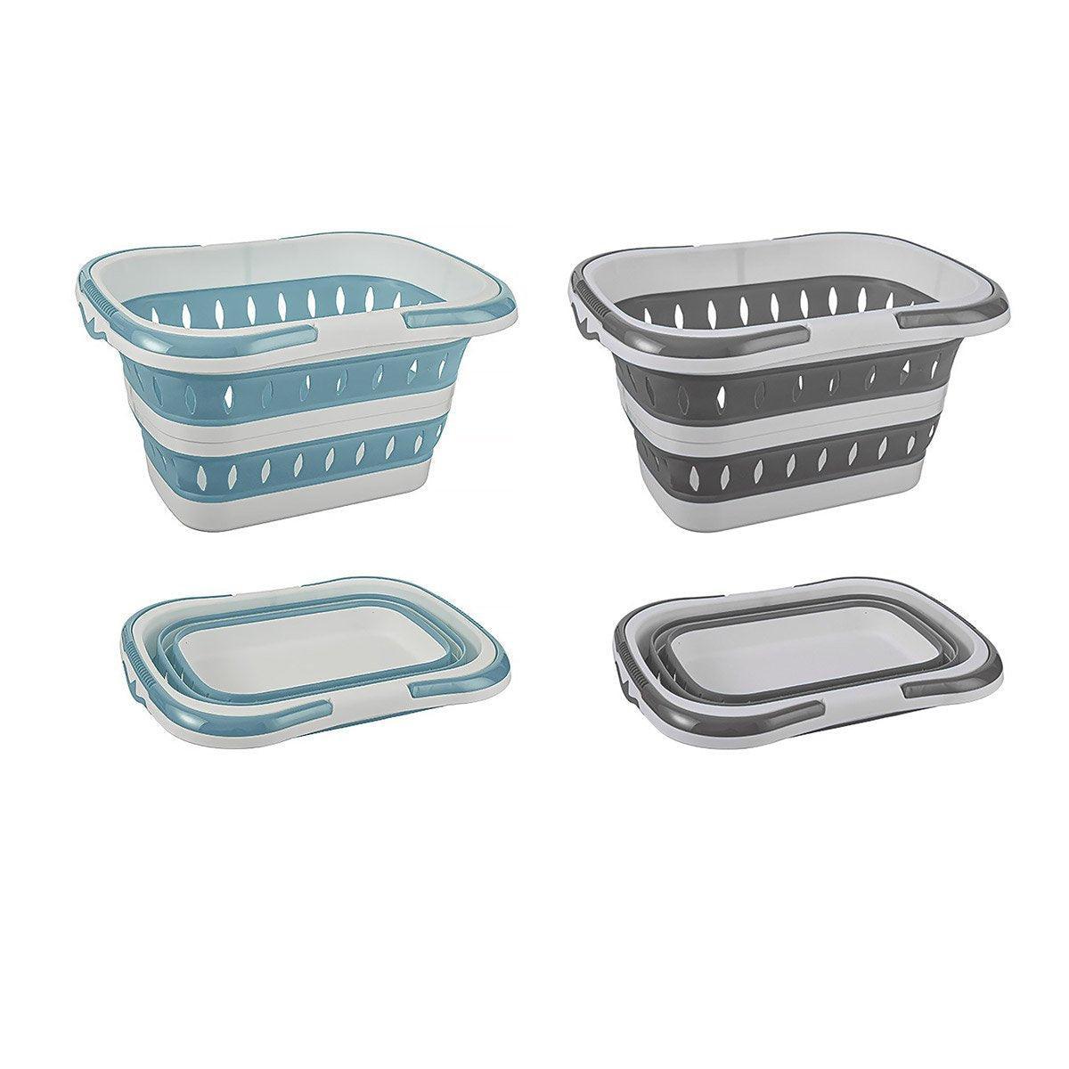 Large Folding Laundry Basket Plastic Dirty Clothes Hamper Blue Bathroom Storage - Blue - Image 2