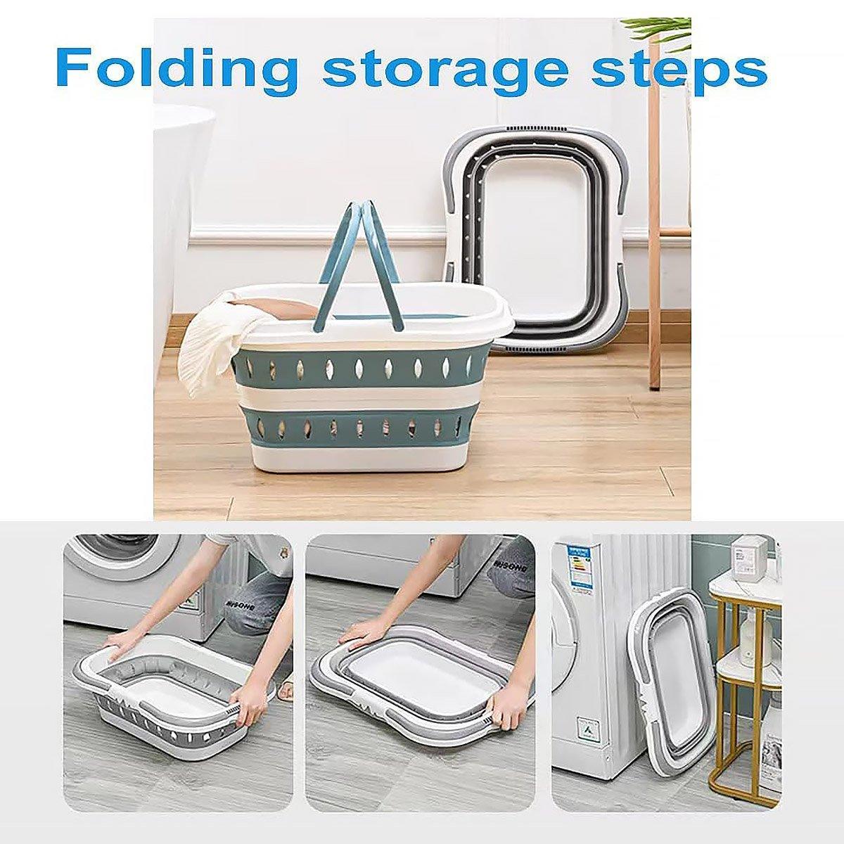 Large Folding Laundry Basket Plastic Dirty Clothes Hamper Blue Bathroom Storage - Blue - Image 4