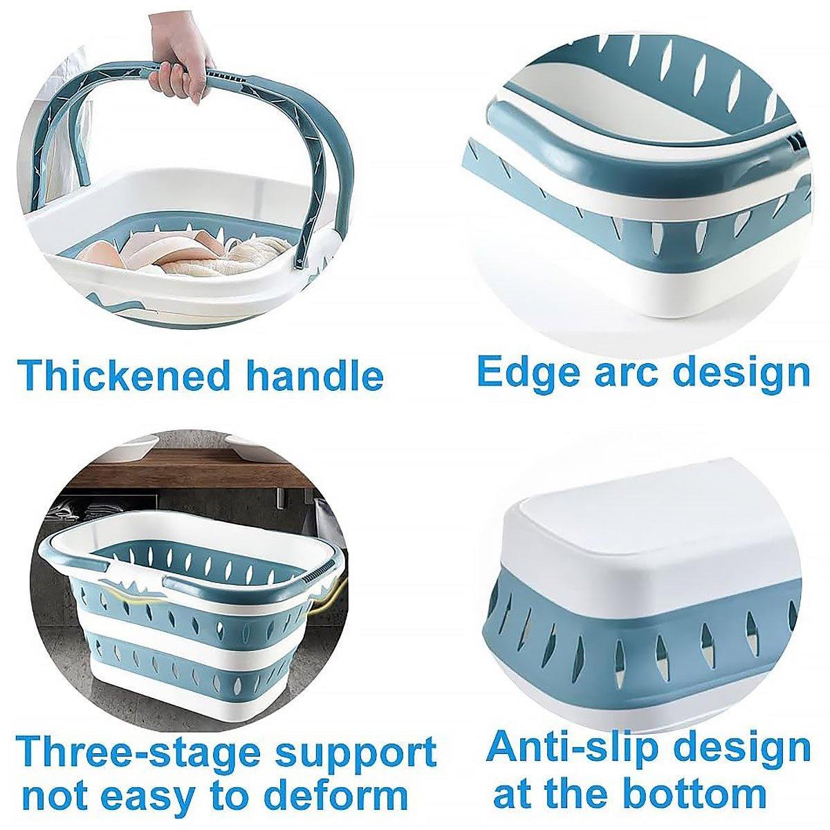 Large Folding Laundry Basket Plastic Dirty Clothes Hamper Blue Bathroom Storage - Blue - Image 5