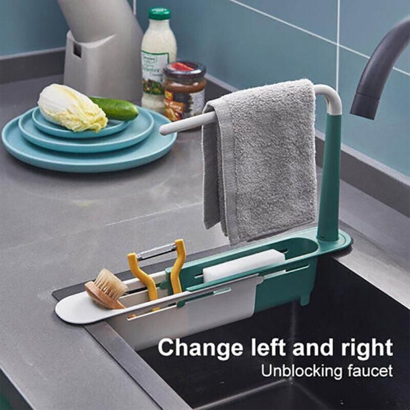 Telescopic Sink Rack Holder Expandable Storage Drain Basket Home Kitchen Tools - Green - Image 4