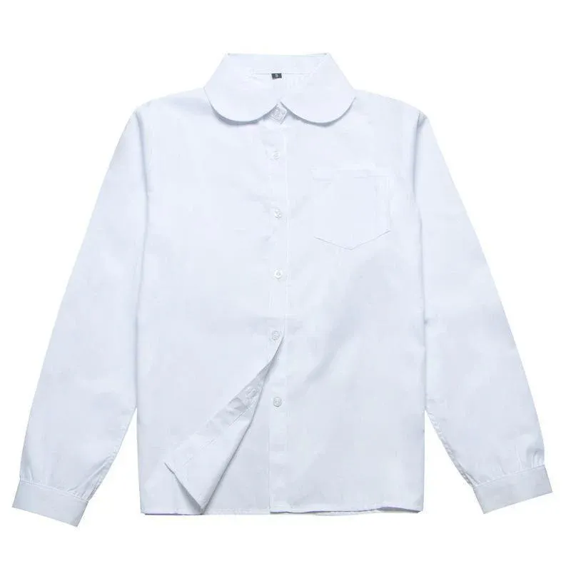 White Girls Peter Pan Collar Long Sleeve School Shirt with two button Adjustable Cuff - S - Image 8
