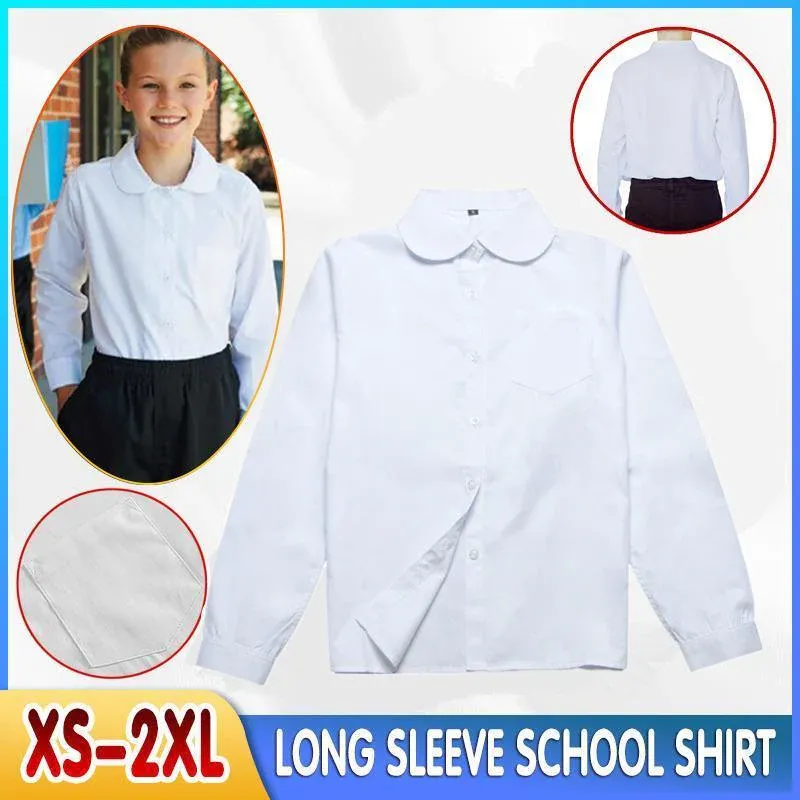 White Girls Peter Pan Collar Long Sleeve School Shirt with two button Adjustable Cuff - XL - Image 1