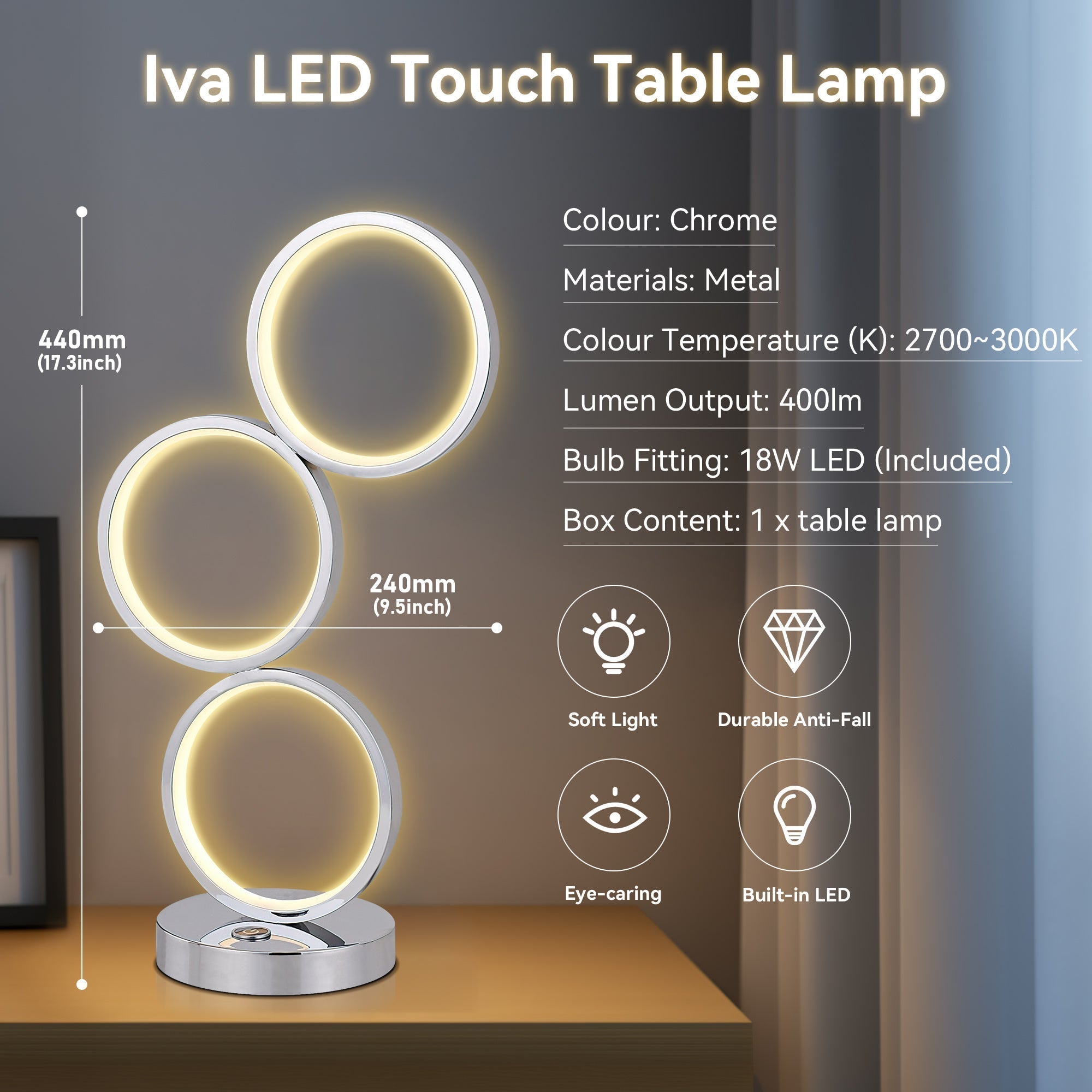 Iva LED Touch Table Lamp - Rose Gold/Chrome - Image 5