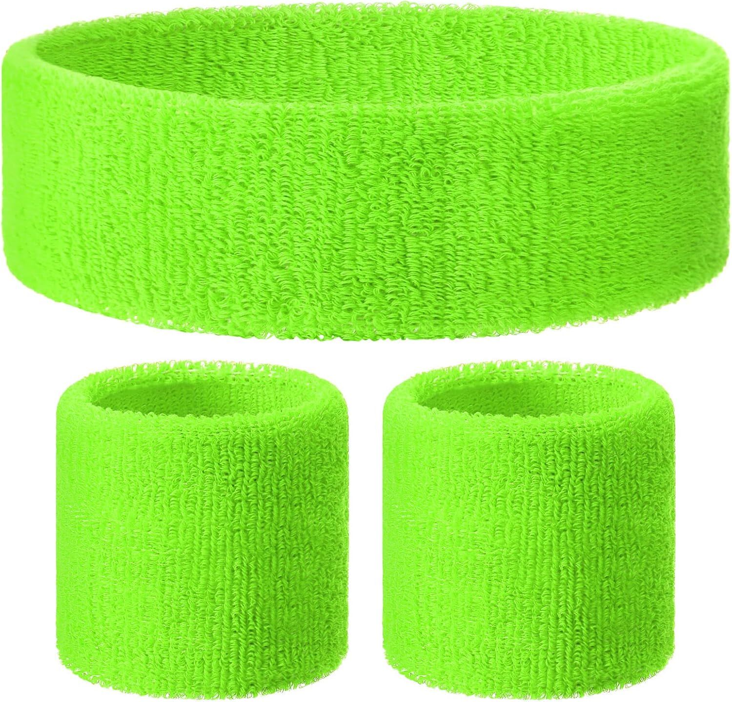 WRISTBAND & HEADBAND SET Tennis Terry Towelling Cotton Sweat Band - Fluro Light Green - Image 1