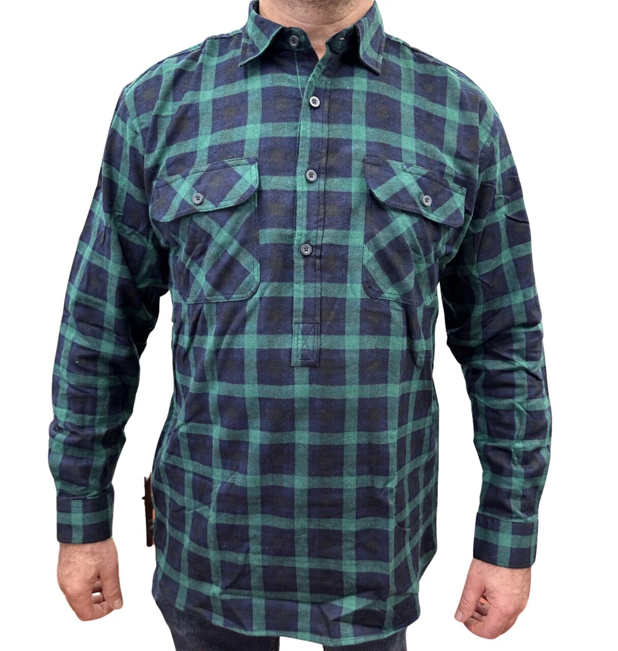Mens Flannelette Long Sleeve Pullover Shirt 100% Cotton Flannel - Half Placket - Green/Navy - XXL - Image 5