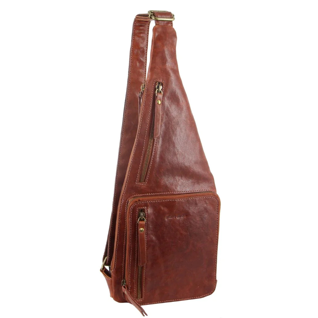 Pierre Cardin Mens Sling Bag Rustic Leather Crossbody Chest Backpack - Chestnut - Image 1