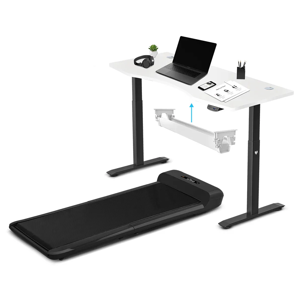 WalkingPad C2 Treadmill + ErgoDesk Automatic Standing Desk 1500mm in White/Black + Cable Management Tray - Image 1