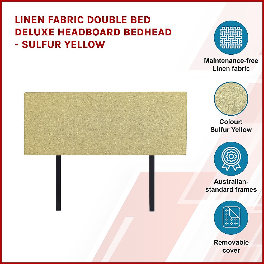 Linen Fabric Double Bed Deluxe Headboard Bedhead - Sulfur Yellow - Image 3