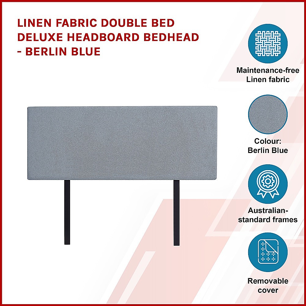 Linen Fabric Double Bed Deluxe Headboard Bedhead - Berlin Blue - Image 4