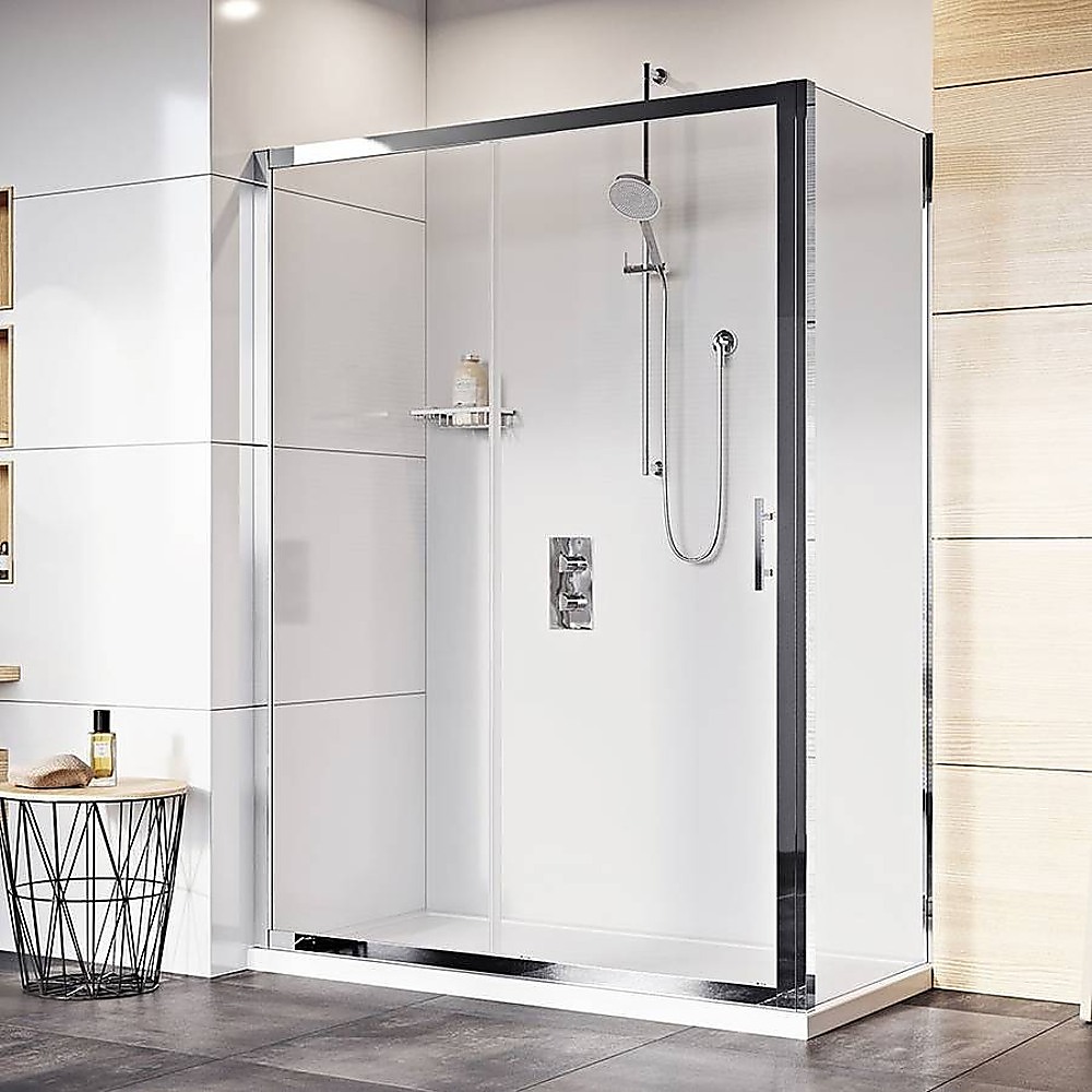Adjustable 1800x800mm Single Door Corner Sliding Glass Shower Screen in Chrome - Image 1