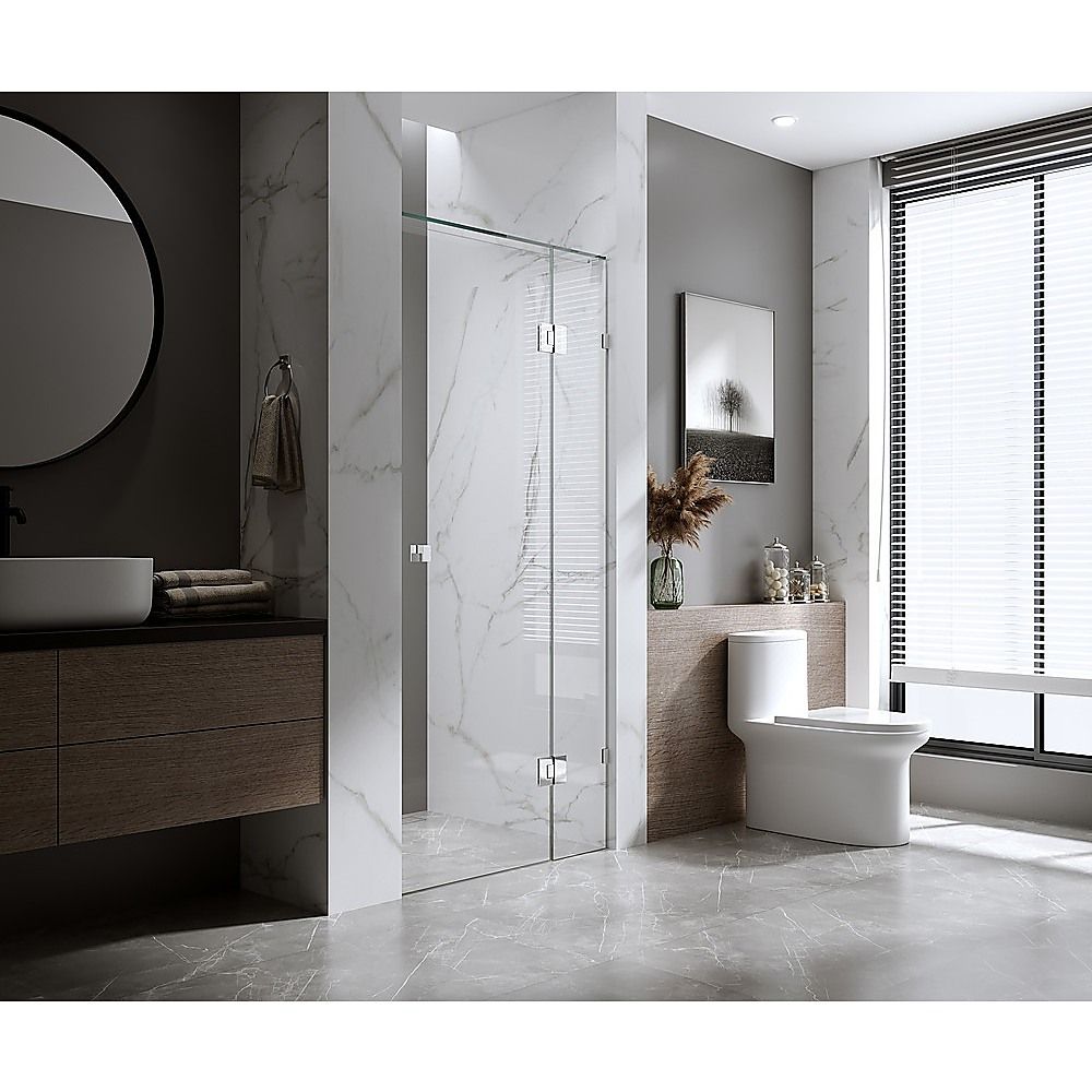 100cm Wall to Wall Frameless Shower Screen with Nickel Brackets and Brass Hinges, Round Knob Handle - Image 1
