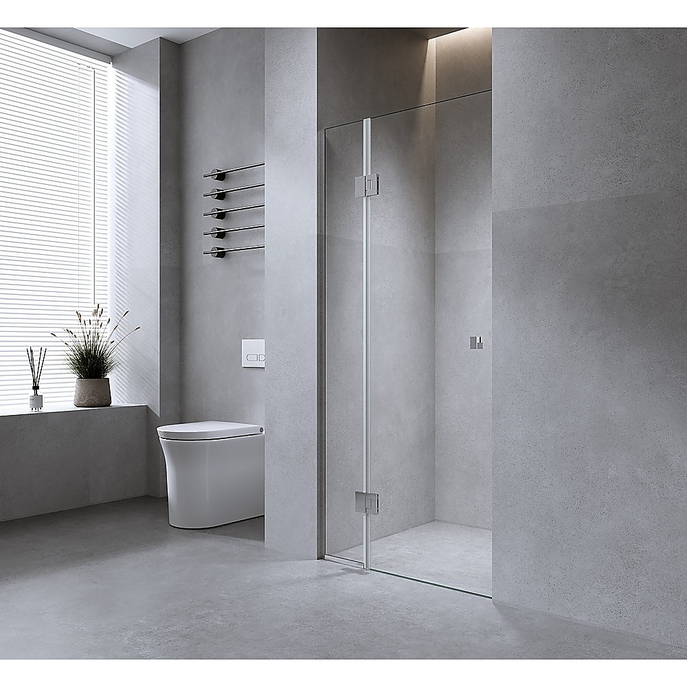 90cm Wall to Wall Frameless Shower Screen â€“ White Wall Channel , SS Hinges & Round Knob Handle - Image 1