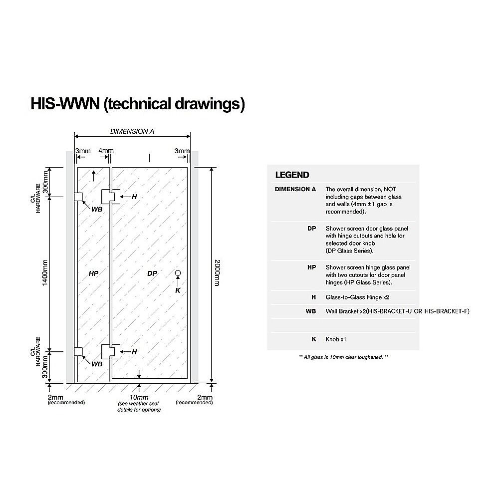 100x100cm Corner Frameless Shower Screen with Nickel Brackets and Brass Hinges, Square Double Pull Handle - Image 2