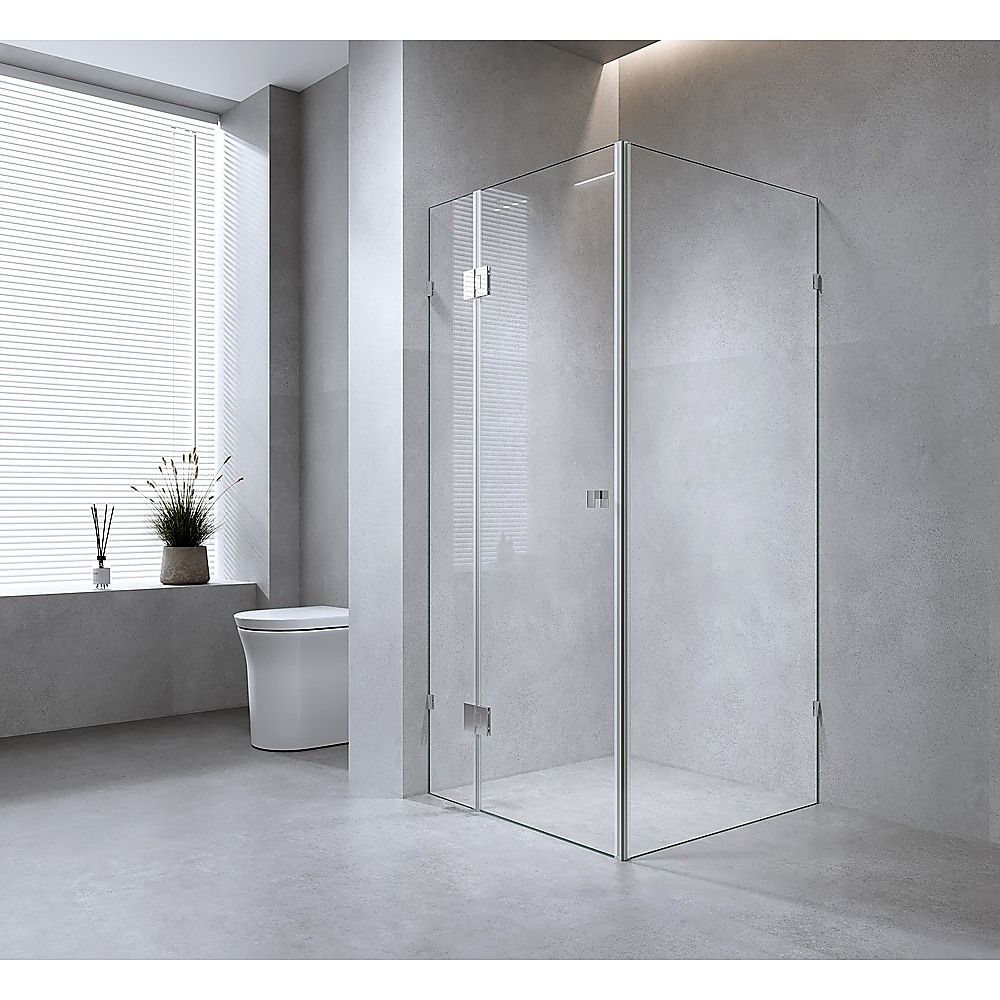 120x70cm Corner Frameless Shower Screen with Gold Brackets and Brass Hinges, Square Double Pull Handle - Image 1