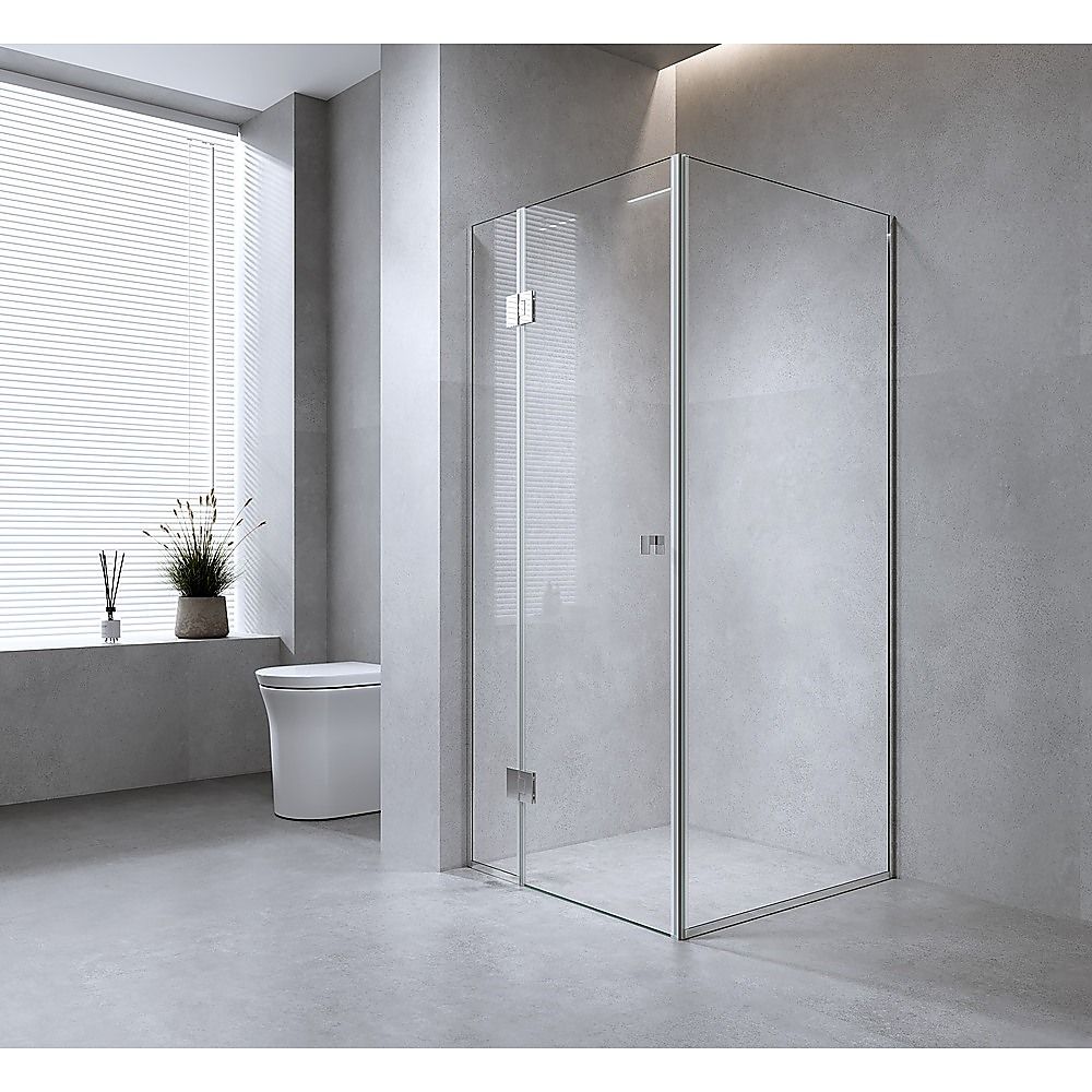 120x100cm White Corner Frameless Shower Screen with Wall Channel and Floor Channel Brackets, Stainless Steel Hinges & Square Knob Handle - Image 2