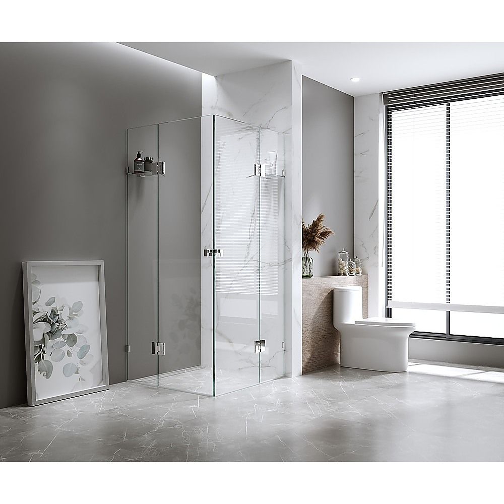 100x110cm Double Door Corner Shower Screen with Nickel Brackets and Brass Hinges, Square double pull Handle - Image 1