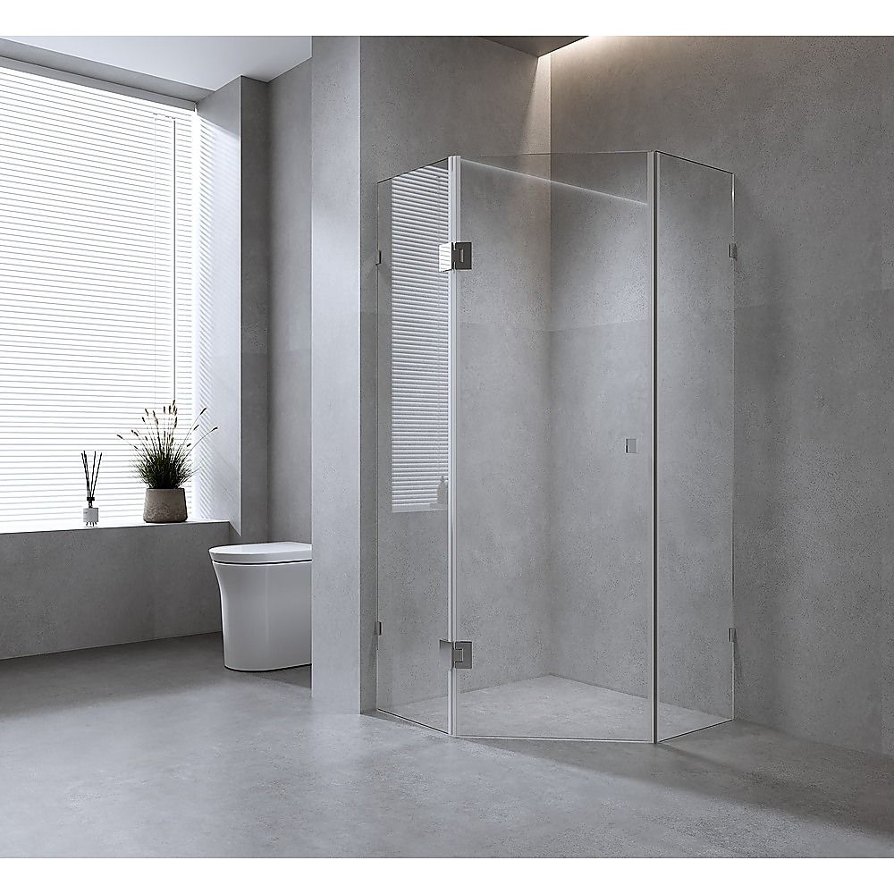 100cm Frameless Diamond Shower Screen with Chrome Brackets and Brass Hinges, Round Knob Handle - Image 1