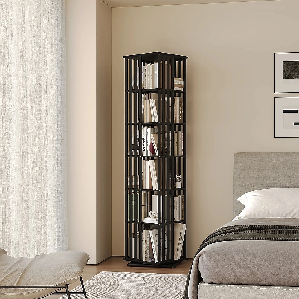 360 Rotating Bookshelf Bamboo Storage Display Rack Shelving in Black - Image 3