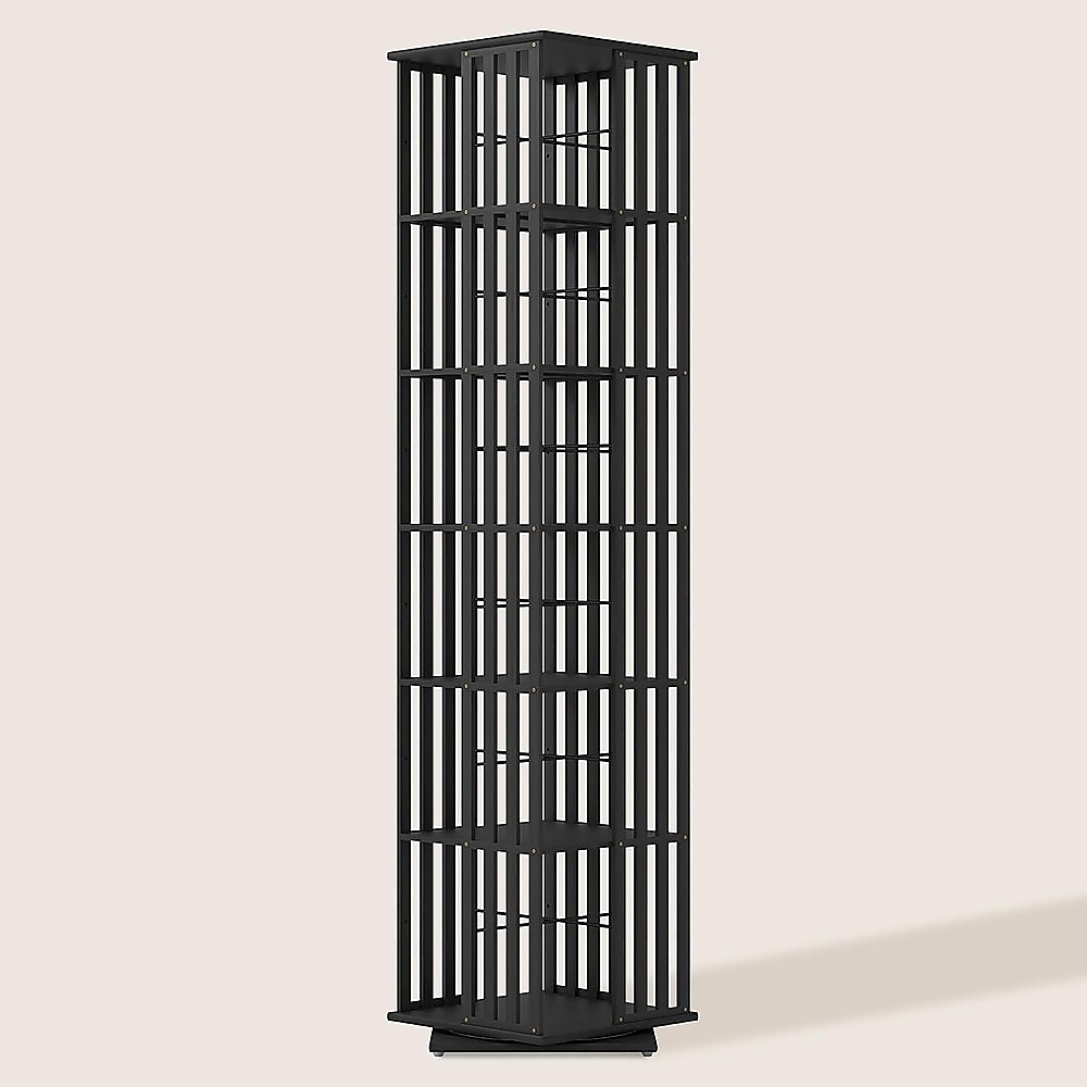 360 Rotating Bookshelf Bamboo Storage Display Rack Shelving in Black - Image 4