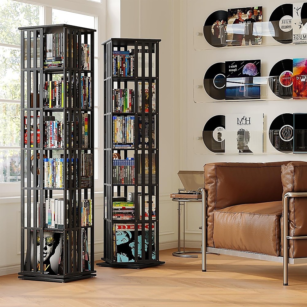 360 Rotating Bookshelf Bamboo Storage Display Rack Shelving in Black - Image 7