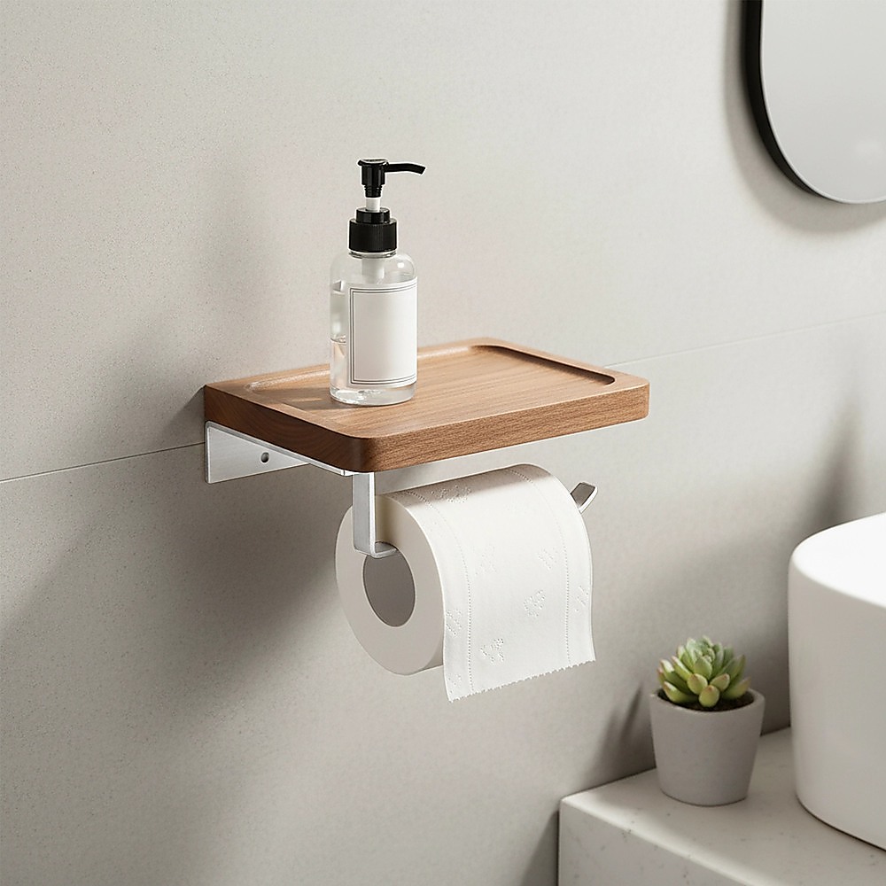 Toilet Paper Holder with Shelf Wall Mounted Bathroom Storage - Image 5