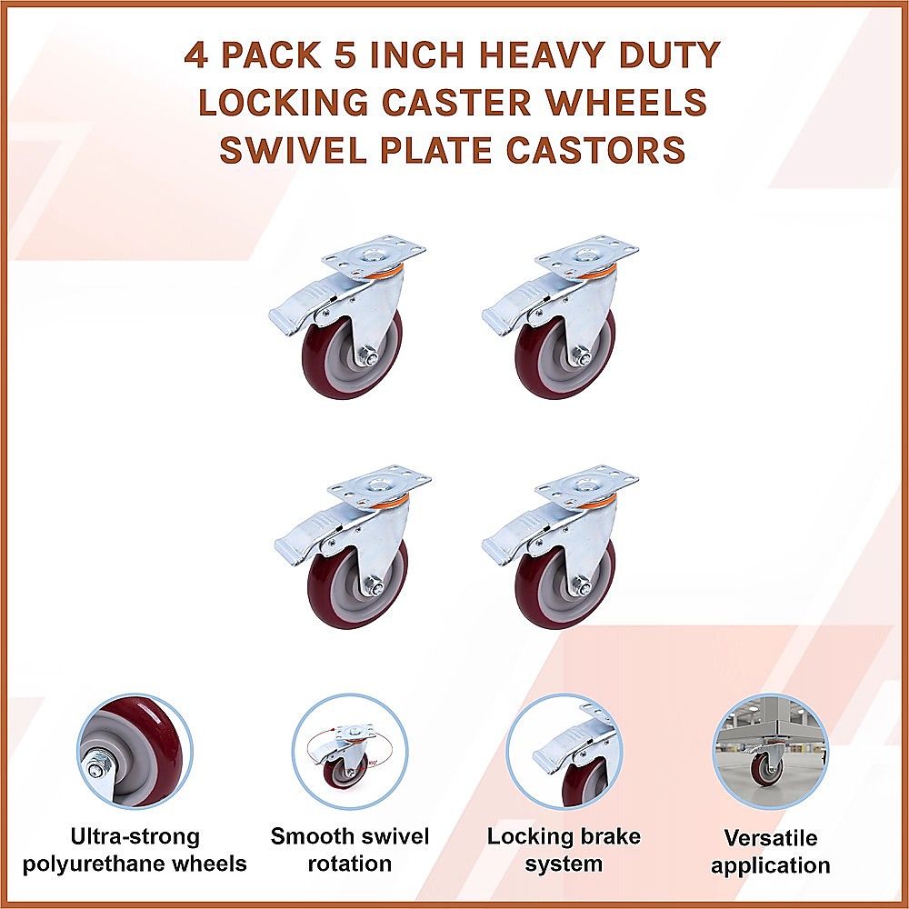 4 Pack 5 Inch Heavy Duty Locking Caster Wheels Swivel Plate Castors - Image 3