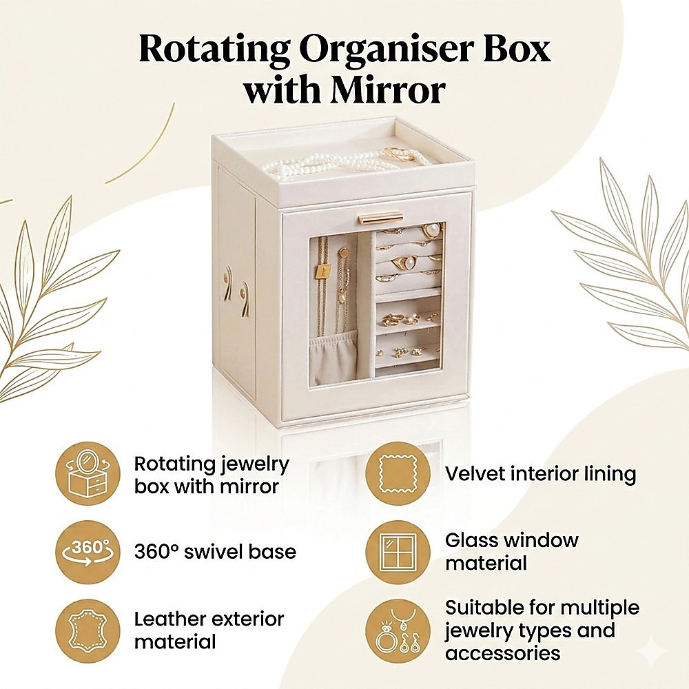 Rotating Organiser Box with Mirror Jewellery Storage for Dressing Table - Image 3