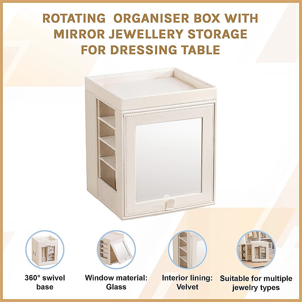 Rotating Organiser Box with Mirror Jewellery Storage for Dressing Table - Image 5