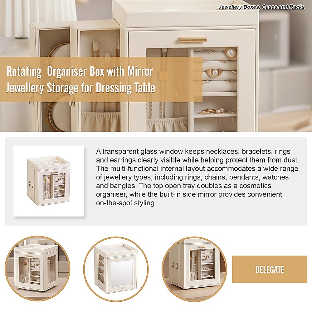 Rotating Organiser Box with Mirror Jewellery Storage for Dressing Table - Image 7