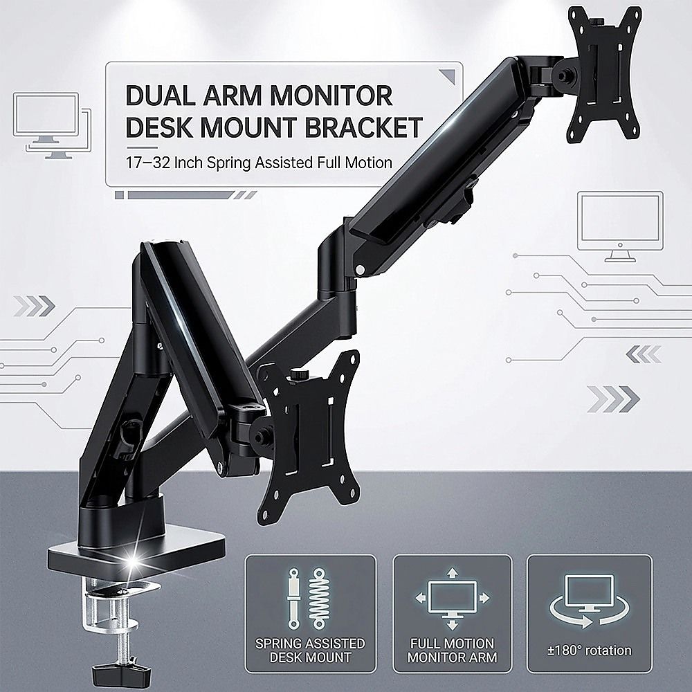 Dual Arm Monitor Desk Mount Bracket Spring Assisted 17–32 Inch Full Motion - Image 3