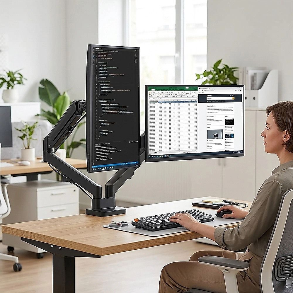 Dual Arm Monitor Desk Mount Bracket Spring Assisted 17–32 Inch Full Motion - Image 5