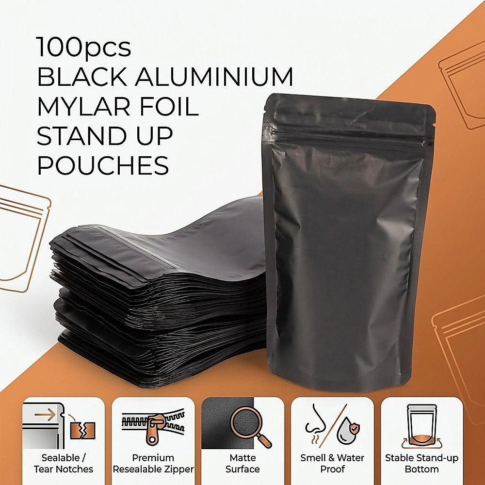 Black Aluminium Mylar Foil Stand Up Pouch 100pcs - Image 3