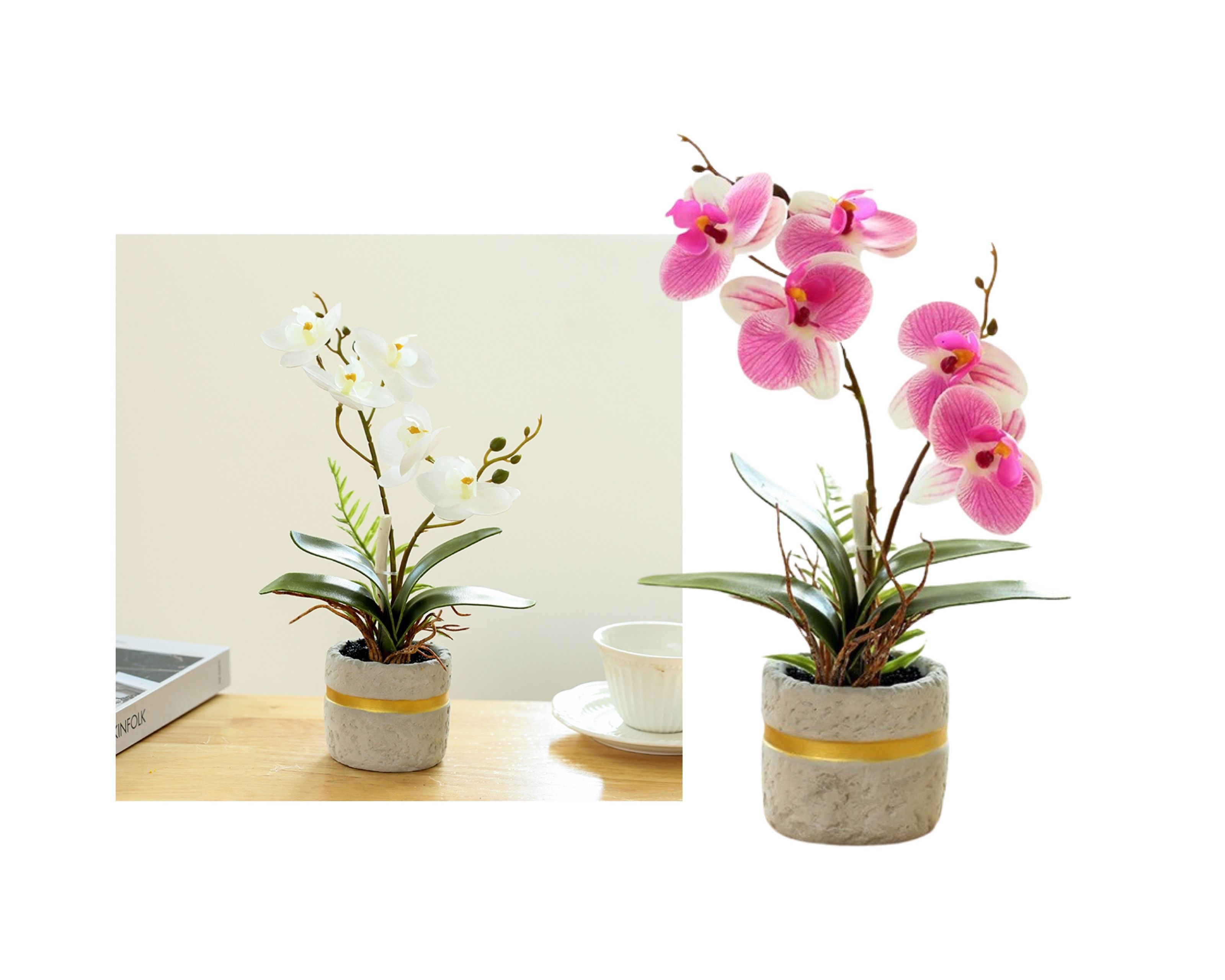 Set 2 Artificial Orchid in Cement Pot 27cm - Image 1