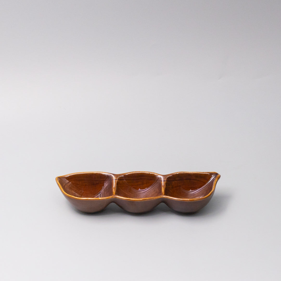 Edamame Triple Pod Dish 20cm Chestnut Brown Glaze - Image 1