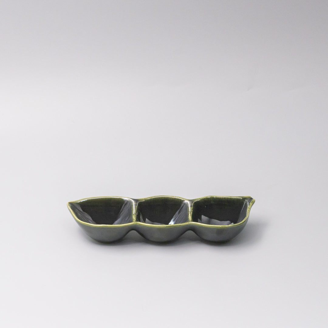 Edamame Triple Pod Dish 20cm Oribe Green Glaze - Image 1