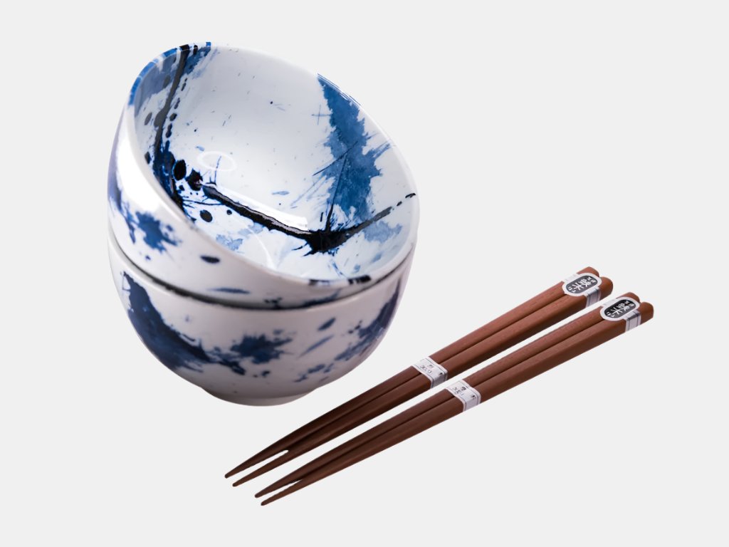 Bowl Set 2pcs with Chopsticks Blue White Splash Design - Image 1